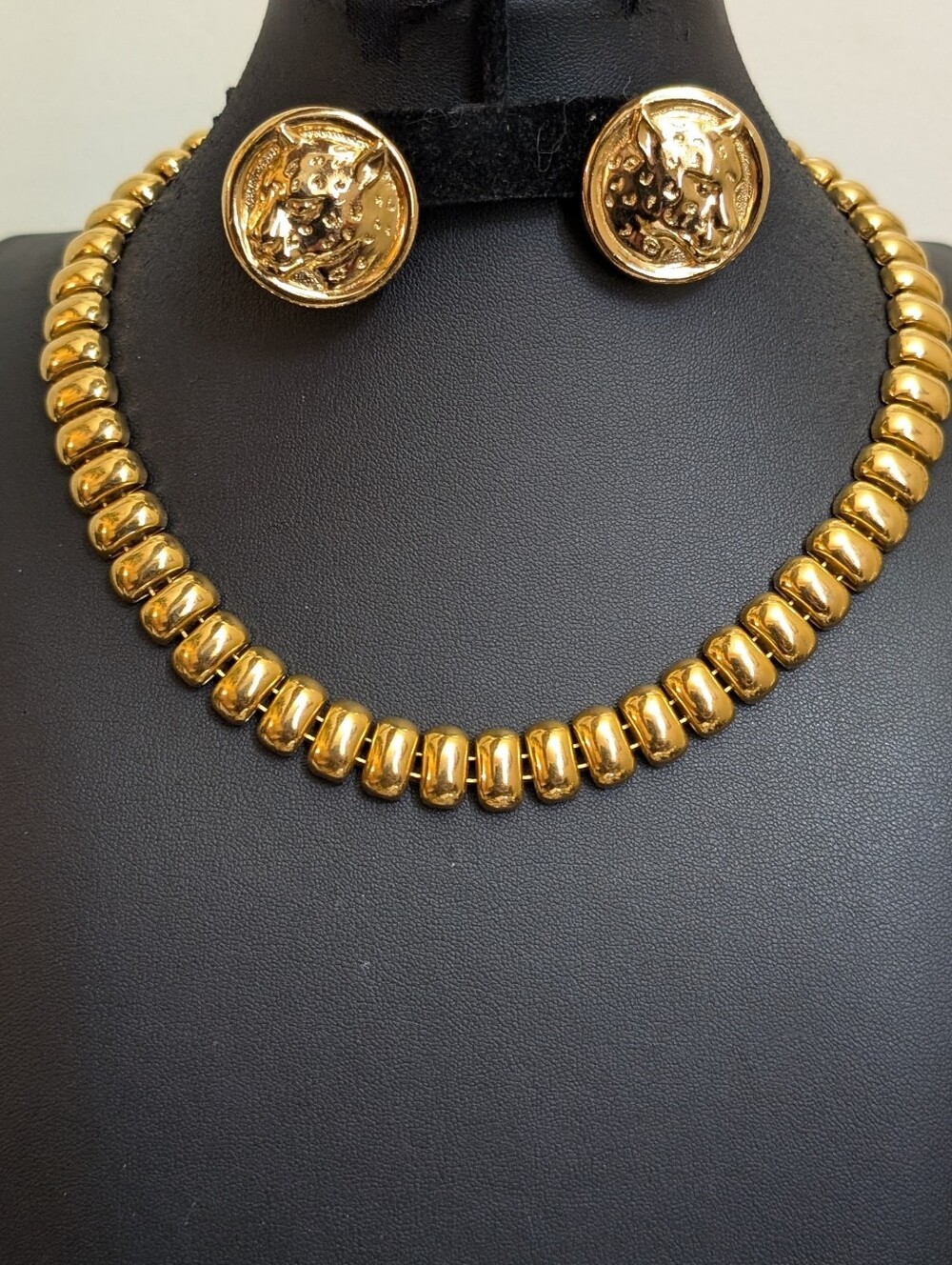 Vintage Gold Necklace With Gold Leopard Pierced Earrings